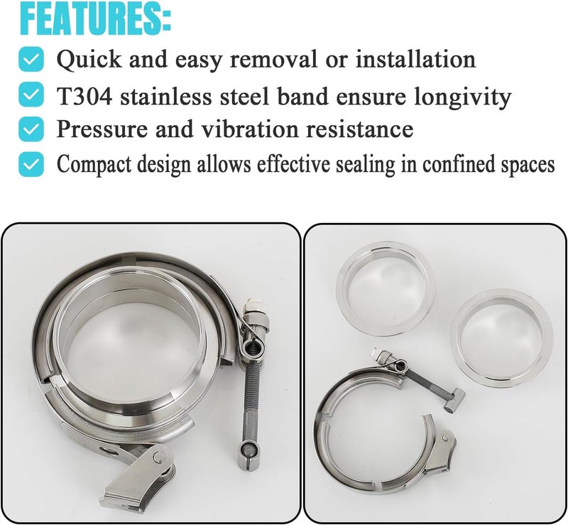 eLifecenter 2 Pack 2 inch Exhaust V Clamps Stainless Steel with ID 2" Male Female Flanges v-band Clamp Quick Release Latch Bolt - Image 3